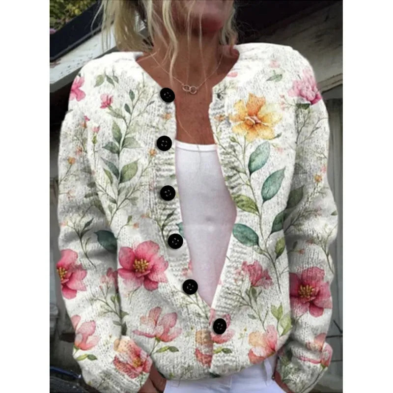 Yellow knitted cardigan coat with a raised 3D digital print pattern