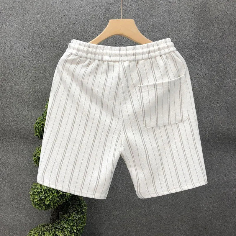 Men's black and white striped casual shorts with double-layer waistband and ankle banded styling