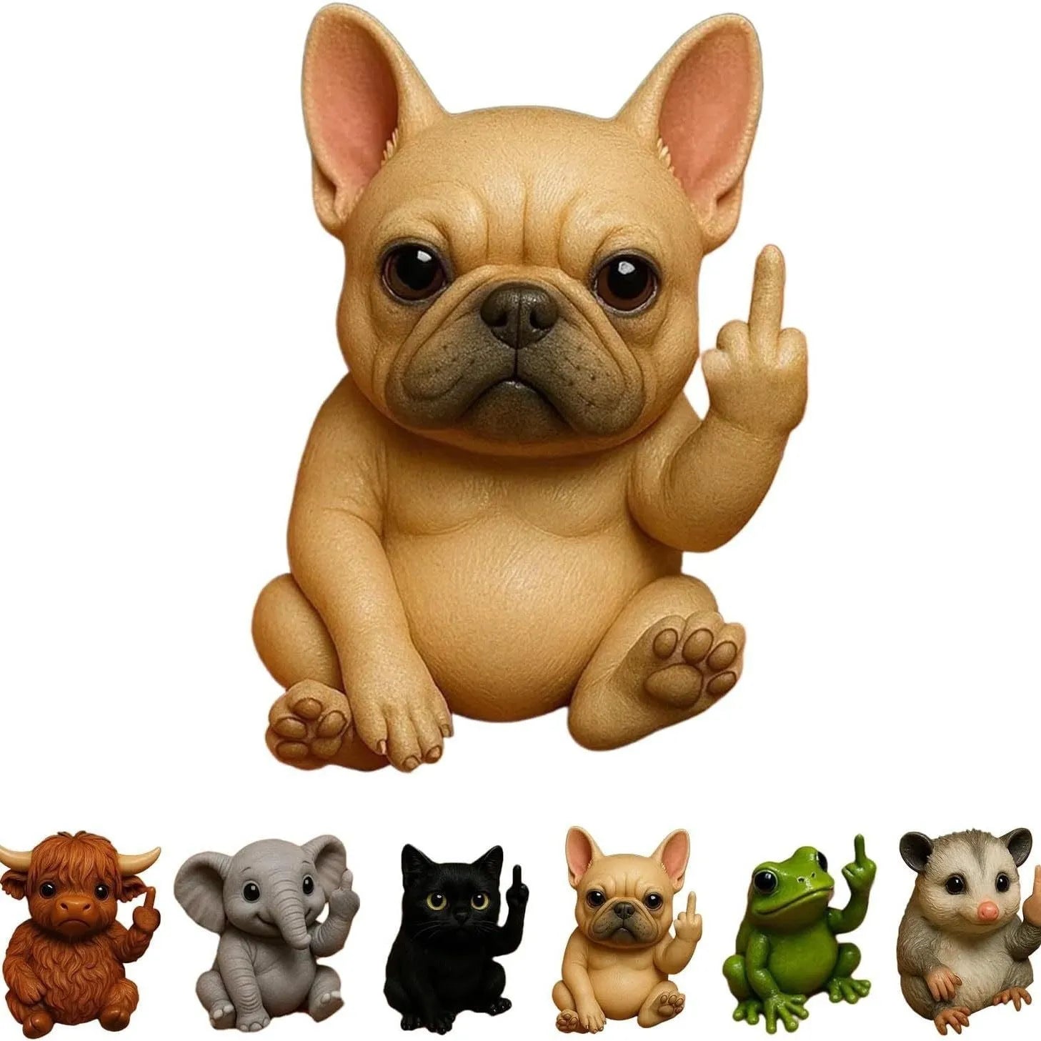 Small resin animal figurine on desk giving middle finger, 5cm tall.