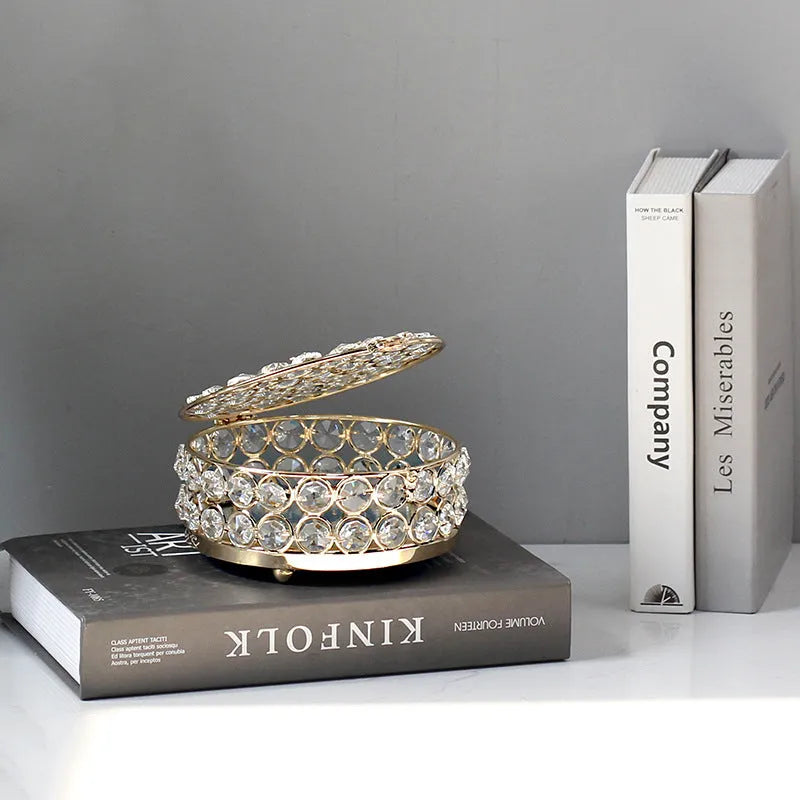 Transparent crystal glass jewellery box with French gold metal accents in European style design