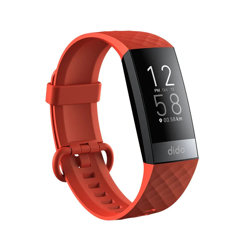 Black smart health monitoring bracelet with a 1.1-inch screen on a wrist strap.