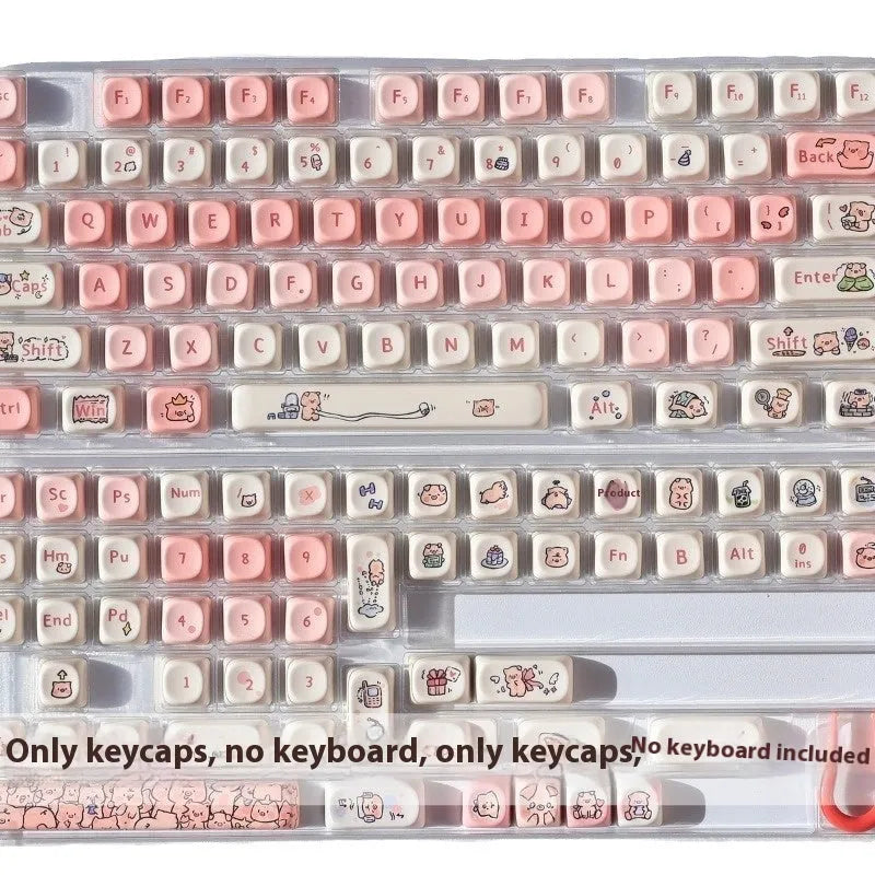 Close up of pink fragrant pig PBT keycap with MOA height profile showing five-sided sublimation design