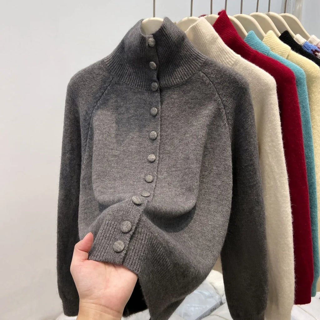 Women's turtleneck cardigan, loose thick polyester knit sweater with button front, in red yellow gray apricot blue black