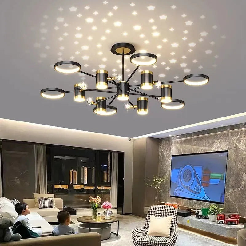 Black iron chandelier with 13 heads and remote control for smart home lighting
