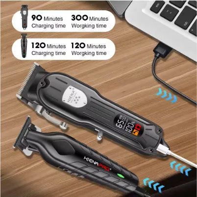Black professional hair clipper set with foil shaver attachment and LED display.