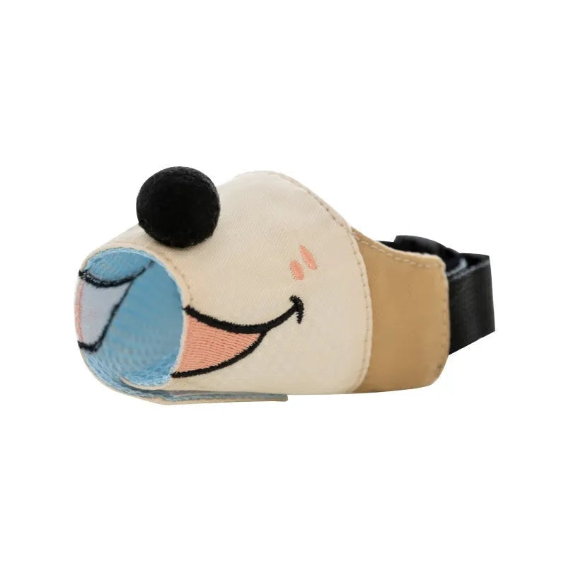 Canvas dog mouth cover muzzle in Ollie Brown Bear and Bondi Blue Shark designs with four size options