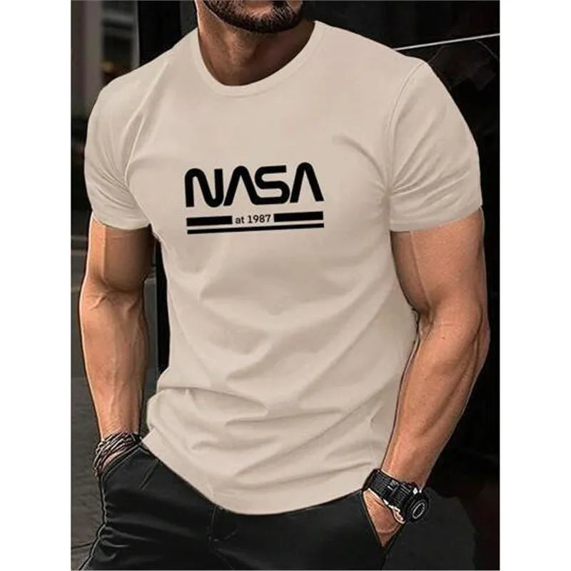 Men's slim-fit cotton short sleeve shirt with printed multicolour lettering, shown in a solid colour.