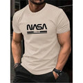Men's slim-fit cotton short sleeve shirt with printed multicolour lettering, shown in a solid colour.