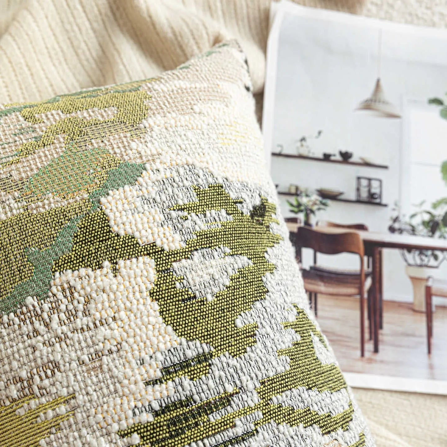 Green abstract floral pattern decorative pillow cover with French antique style, shown in square and rectangular sizes.