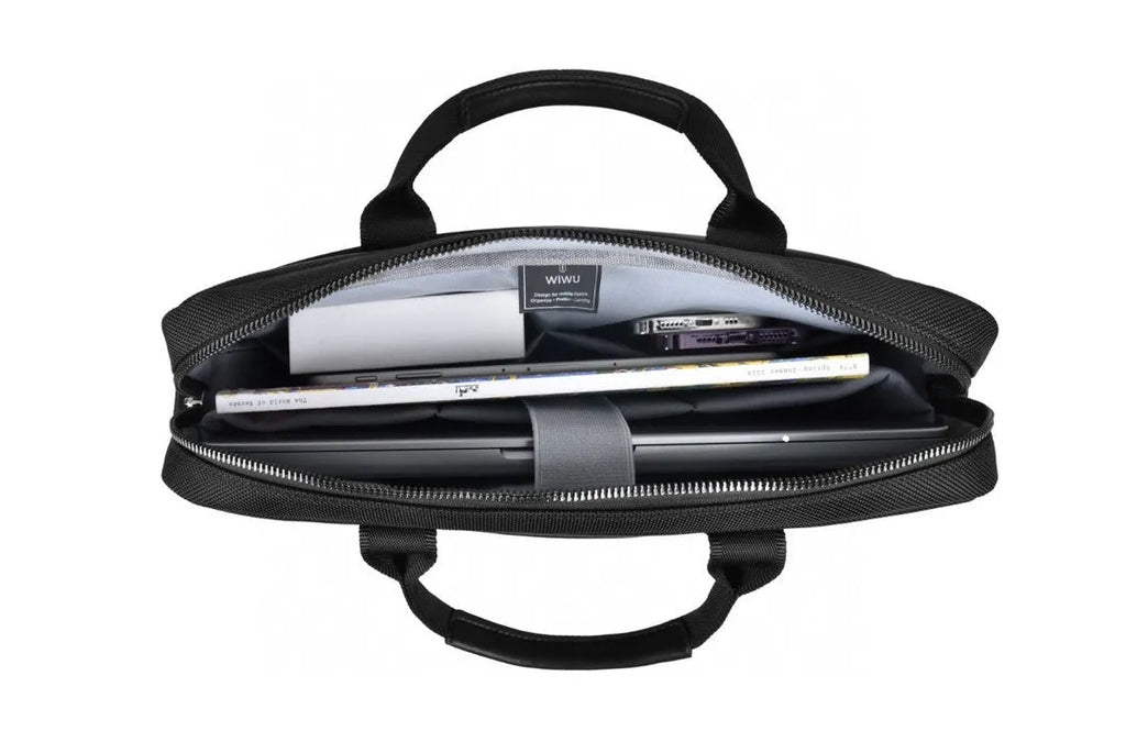 Black Oxford cloth laptop backpack showing multiple organisational pockets and a separate padded computer compartment.
