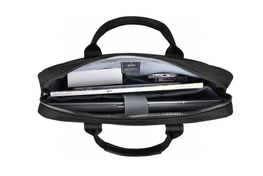 Black Oxford cloth laptop backpack showing multiple organisational pockets and a separate padded computer compartment.
