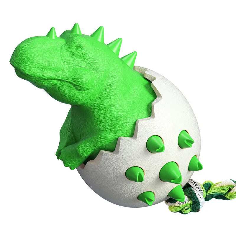 Durable dinosaur-shaped dog chew toy with rope attached, shown in blue colour