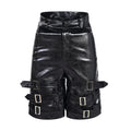 Men's black PU leather cropped shorts on a hanger, showing low waist and casual fit.