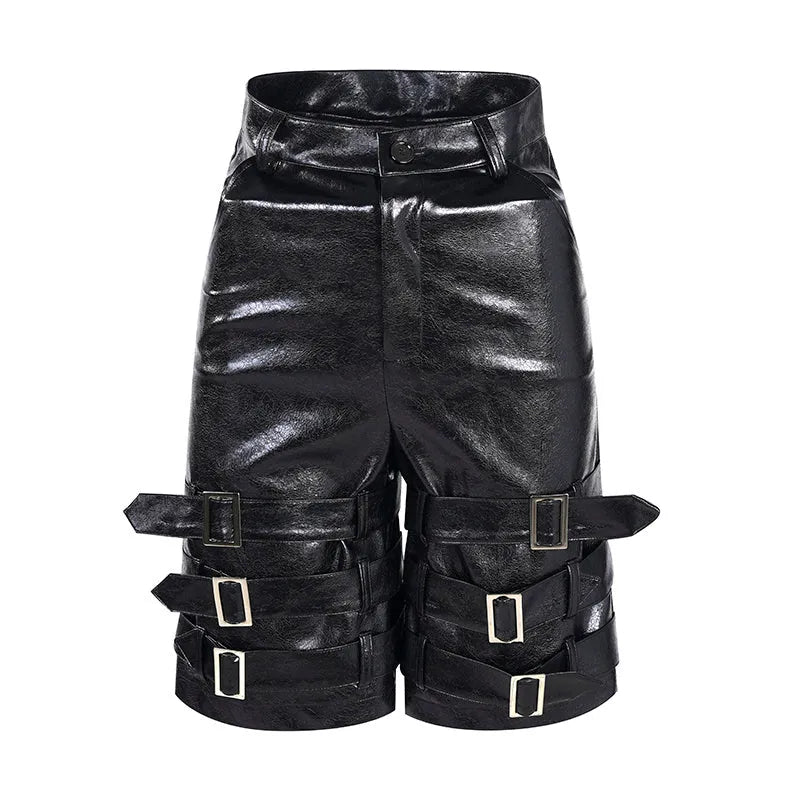 Men's black PU leather cropped shorts on a hanger, showing low waist and casual fit.