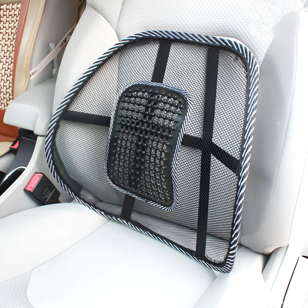 Black lumbar support pillow with leather nail pattern detailing measuring 41x39cm