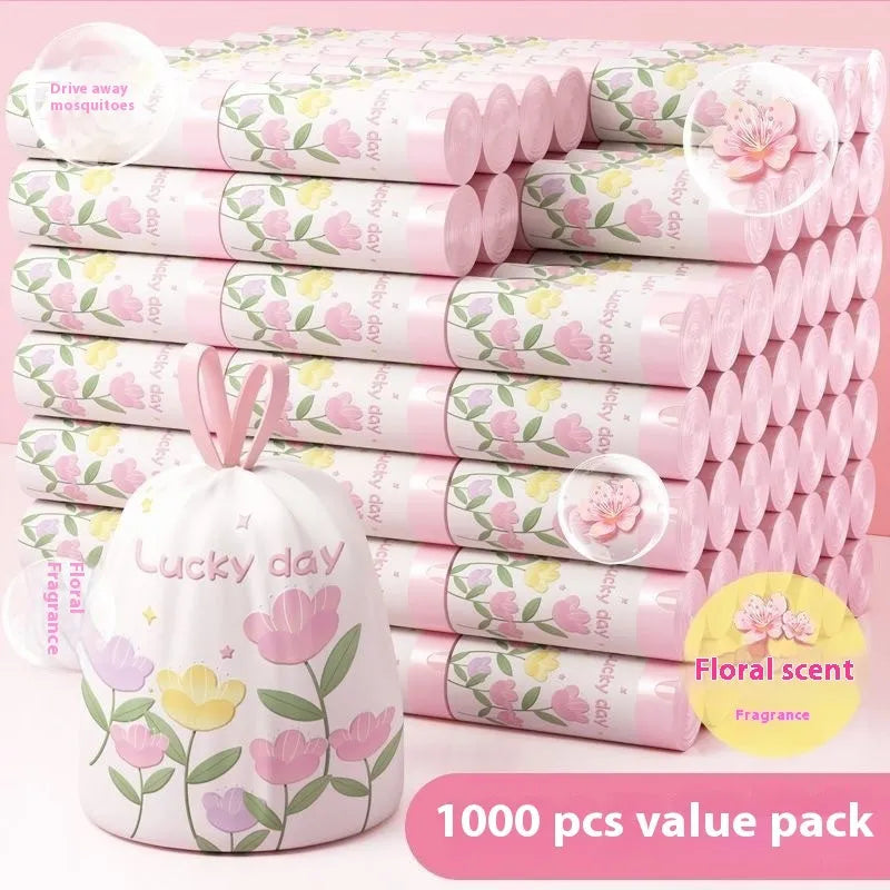 Pink degradable drawstring garbage bags with argy wormwood mosquito repellent, 44cm by 48cm