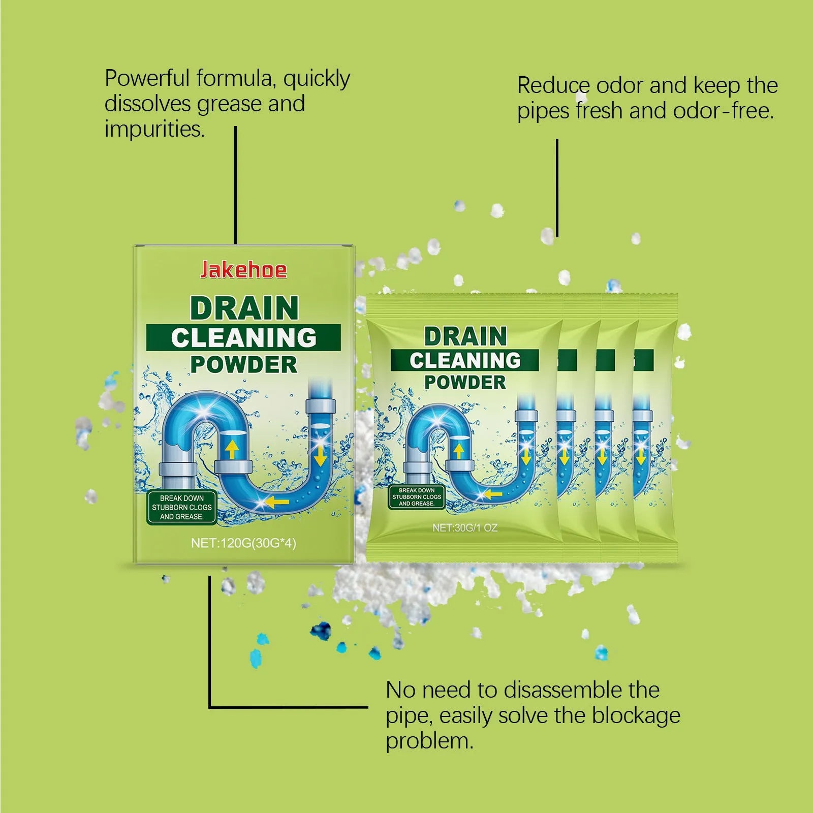 Bottle of chemical drain cleaning unblocker powder, 120g capacity.