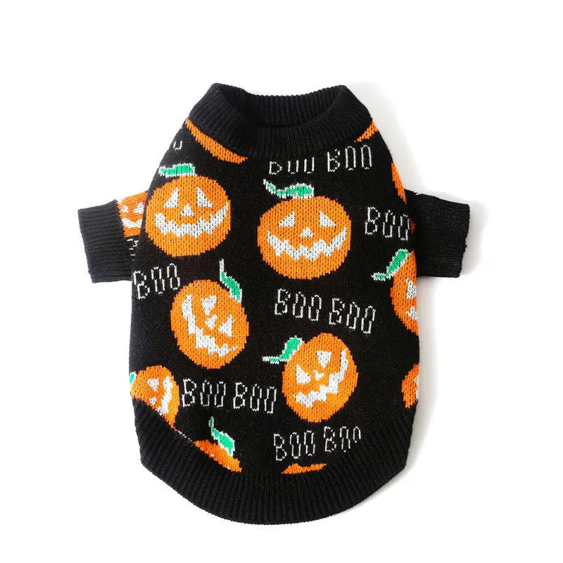 Black dog sweater with orange Halloween pumpkin pattern design for pet costumes