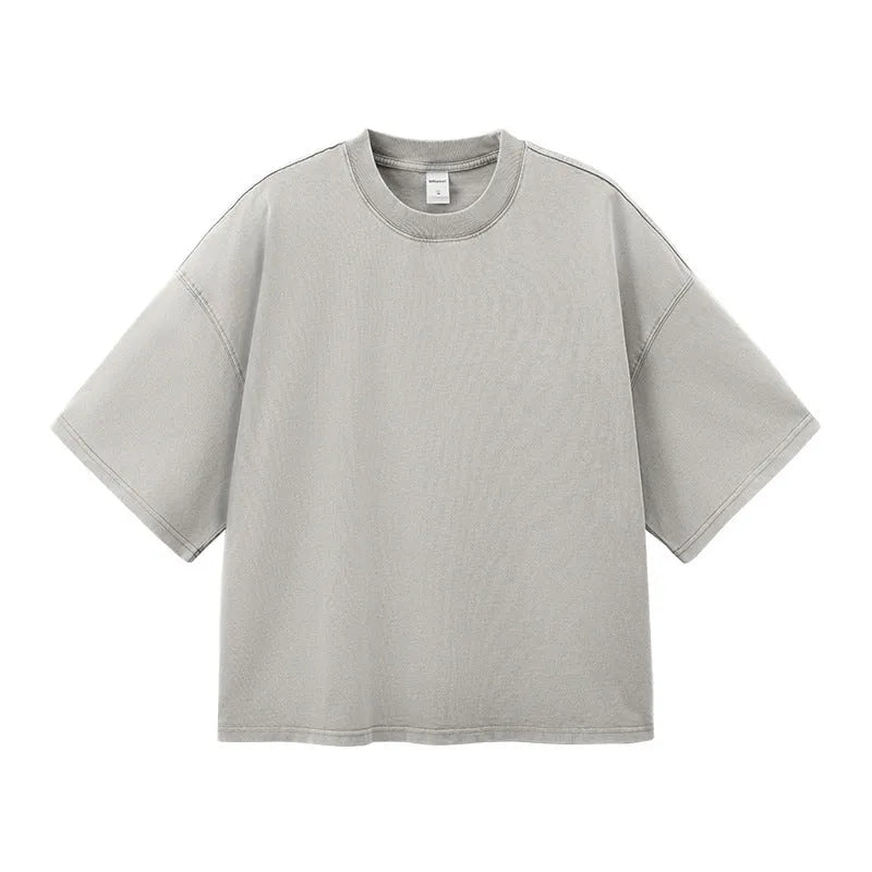 Men's vintage washed cotton T-shirt in loose fit with drop-shoulder sleeves in khaki light colour