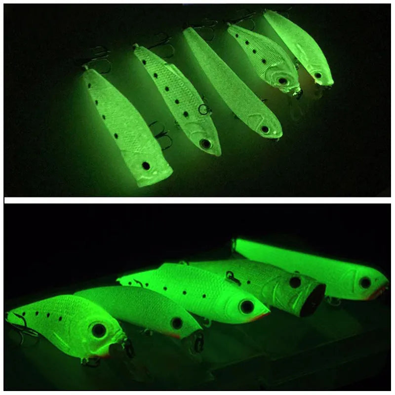 Five 3D fluorescent hard bait fishing lures with luminous design in boxed packaging