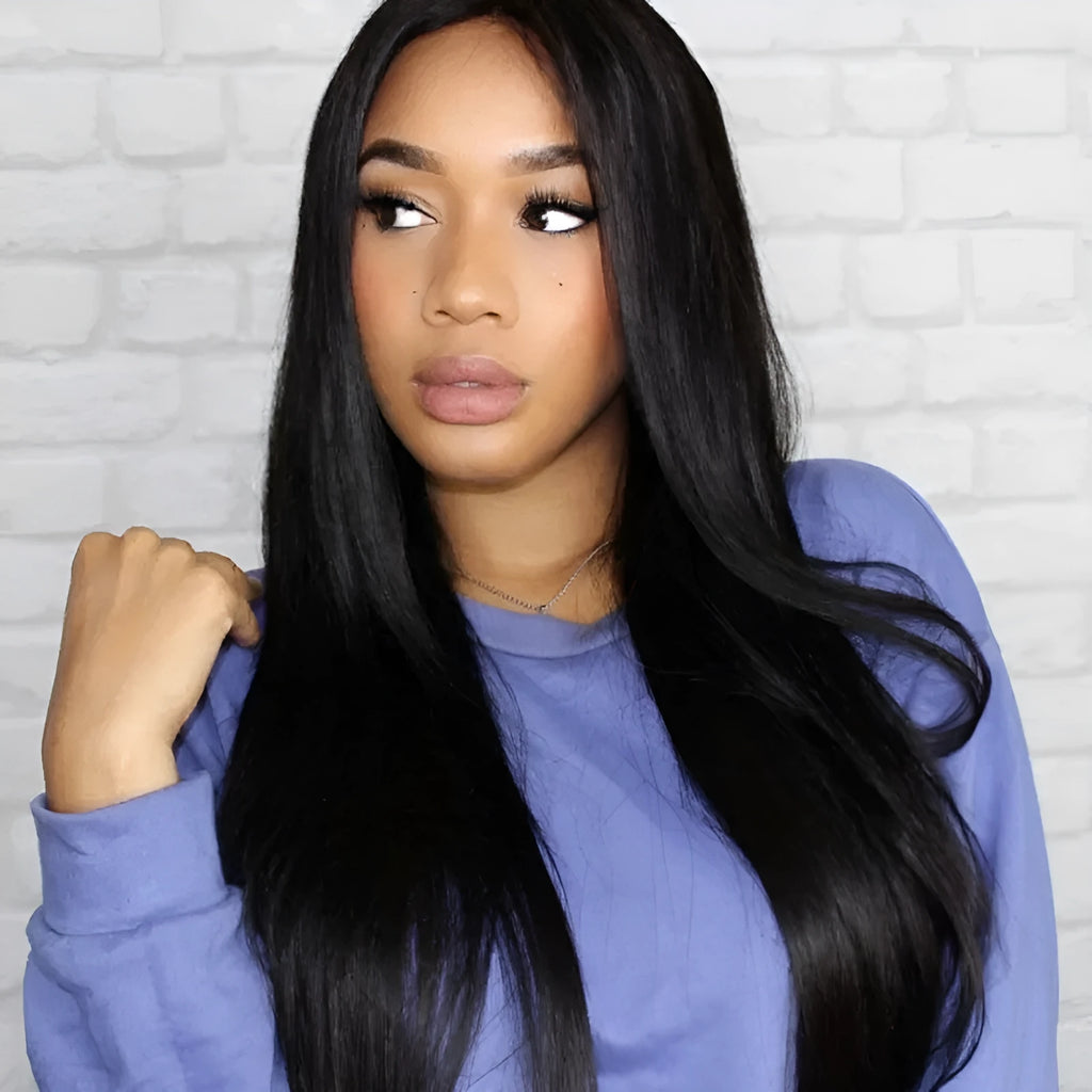 Long black straight hair wig with centre-parted bangs on a mannequin head.