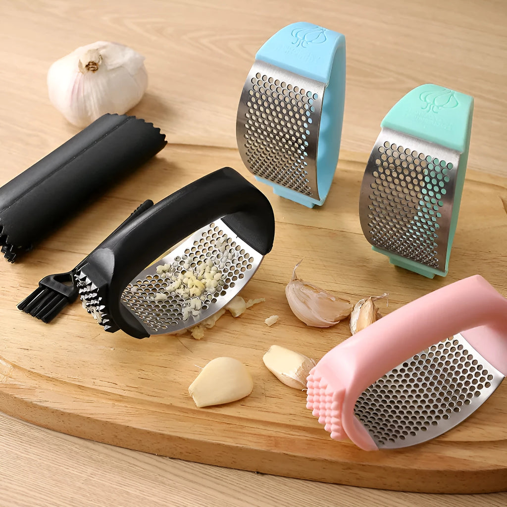 304 stainless steel garlic press in a choice of black, blue, green, or pink colours.