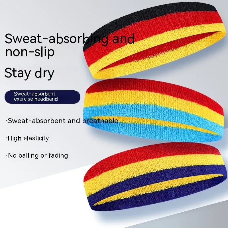 Colourful sports headband for adults in three-colour combinations measuring 5.5cm by 20cm