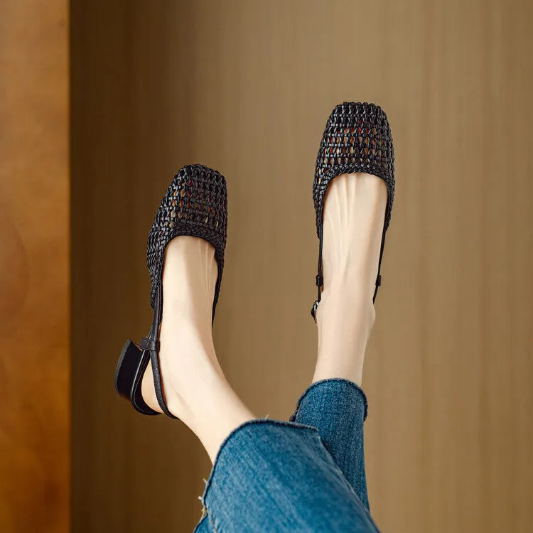 Women's beige woven sandals with closed toe, square head, buckle strap, and chunky heel.
