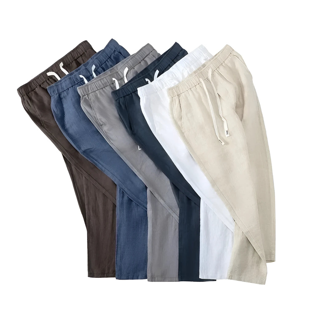 Pure linen Chinese-style straight leg trousers with elastic drawstring waist in multiple colours.