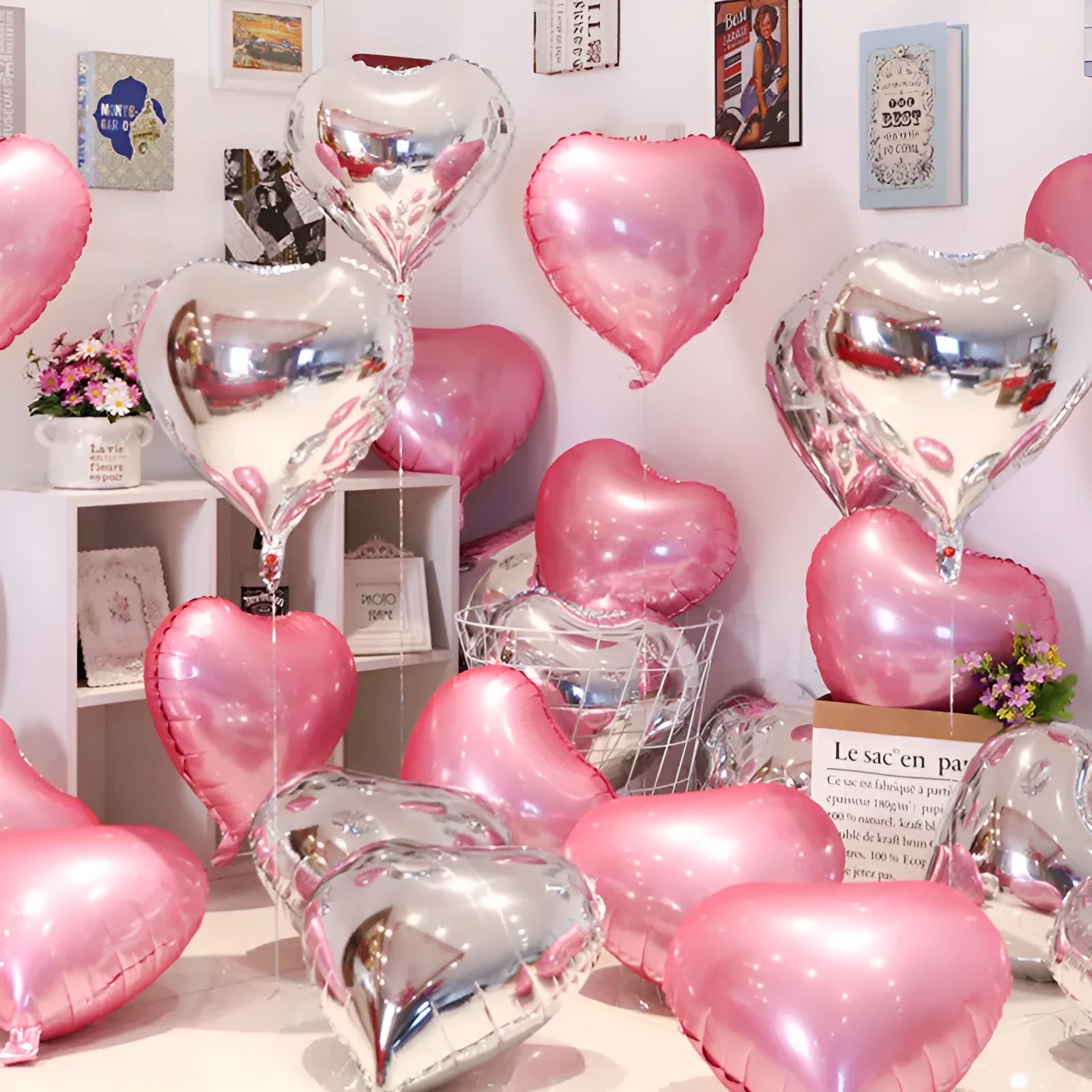 Five sparkling peach heart aluminium balloons in metallic colours for party decorations