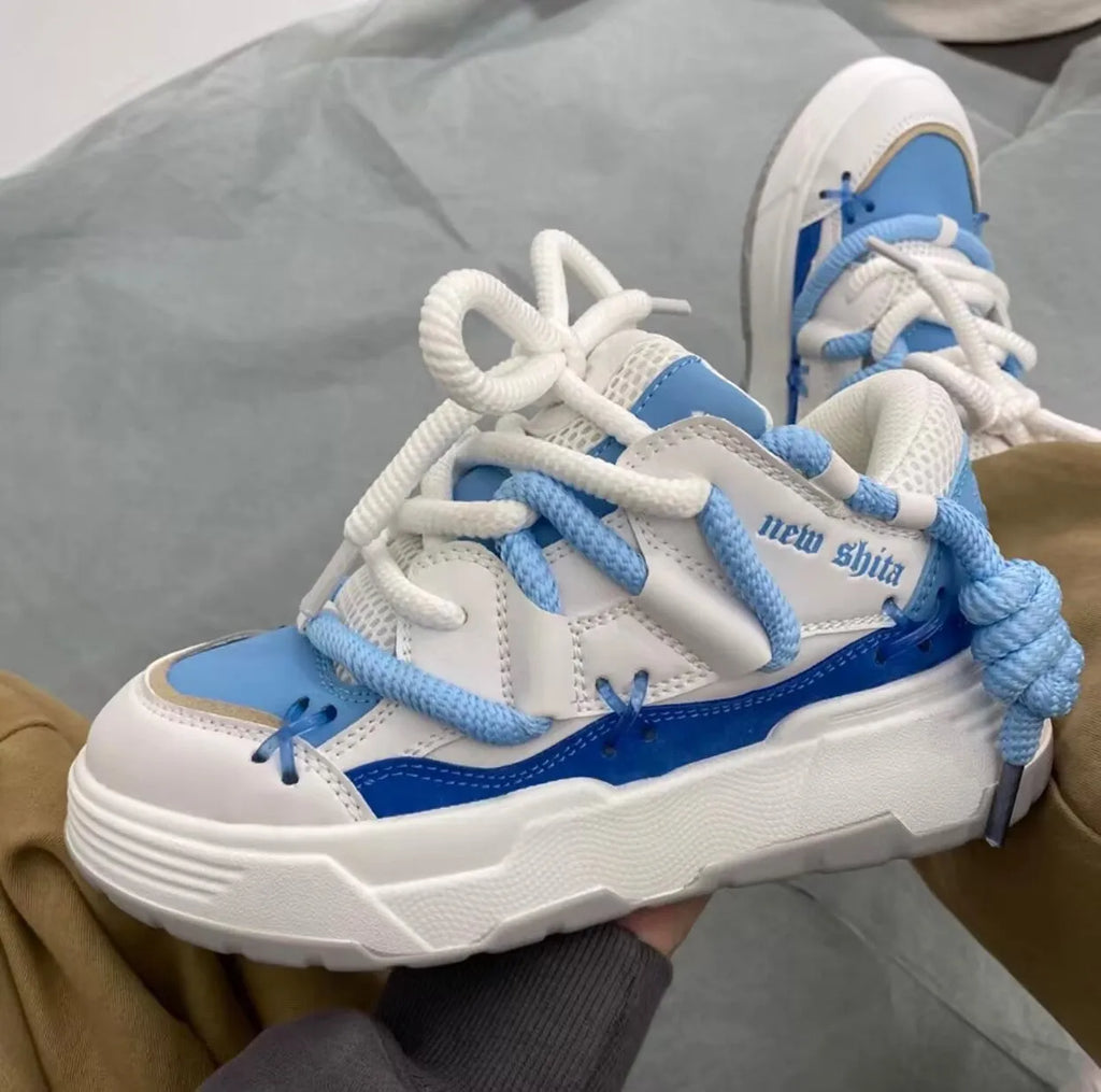 Women's grey retro platform sneakers with thick rubber soles and 6-8cm heel height