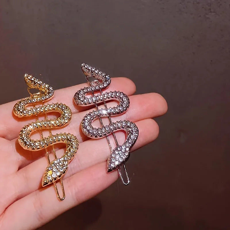 Korean vintage snake design hair barrette with full rhinestone coverage in gold electroplated finish