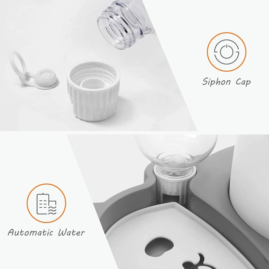 Grey elevated pet bowl set with tilted stainless steel bowls and automatic water bottle