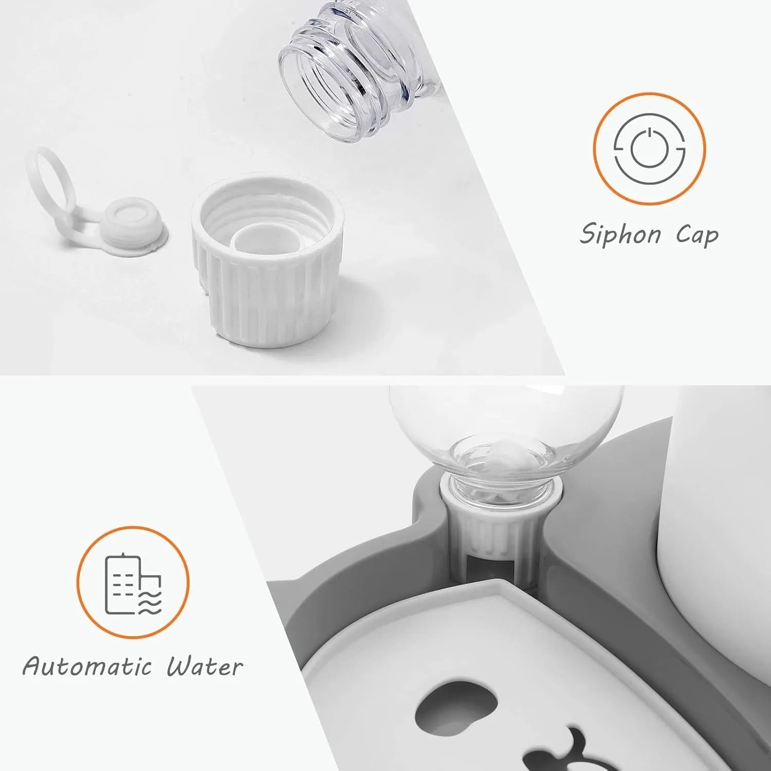 Grey elevated pet bowl set with tilted stainless steel bowls and automatic water bottle