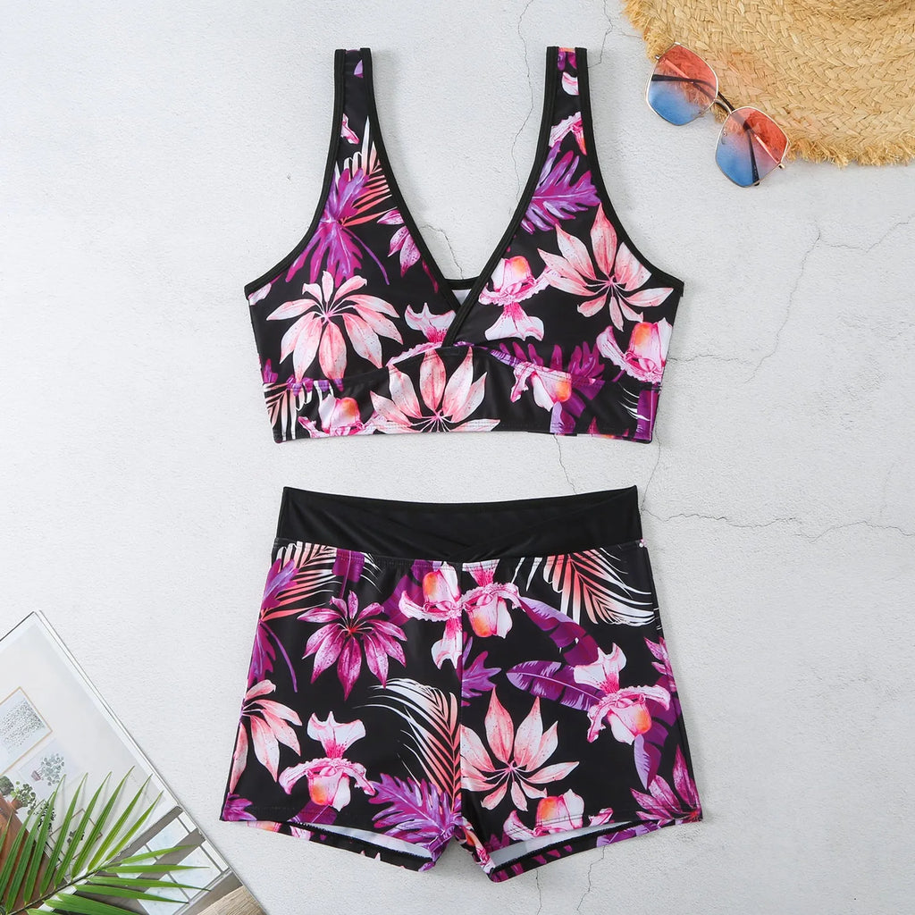 Women's two-piece swimsuit with printed boxer briefs in multi-colour pattern