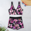 Women's two-piece swimsuit with printed boxer briefs in multi-colour pattern