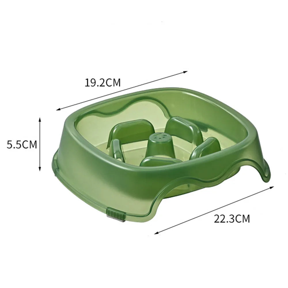 Plastic dog slow feeder bowl in blue, grey, green, or orange with anti-choking maze design