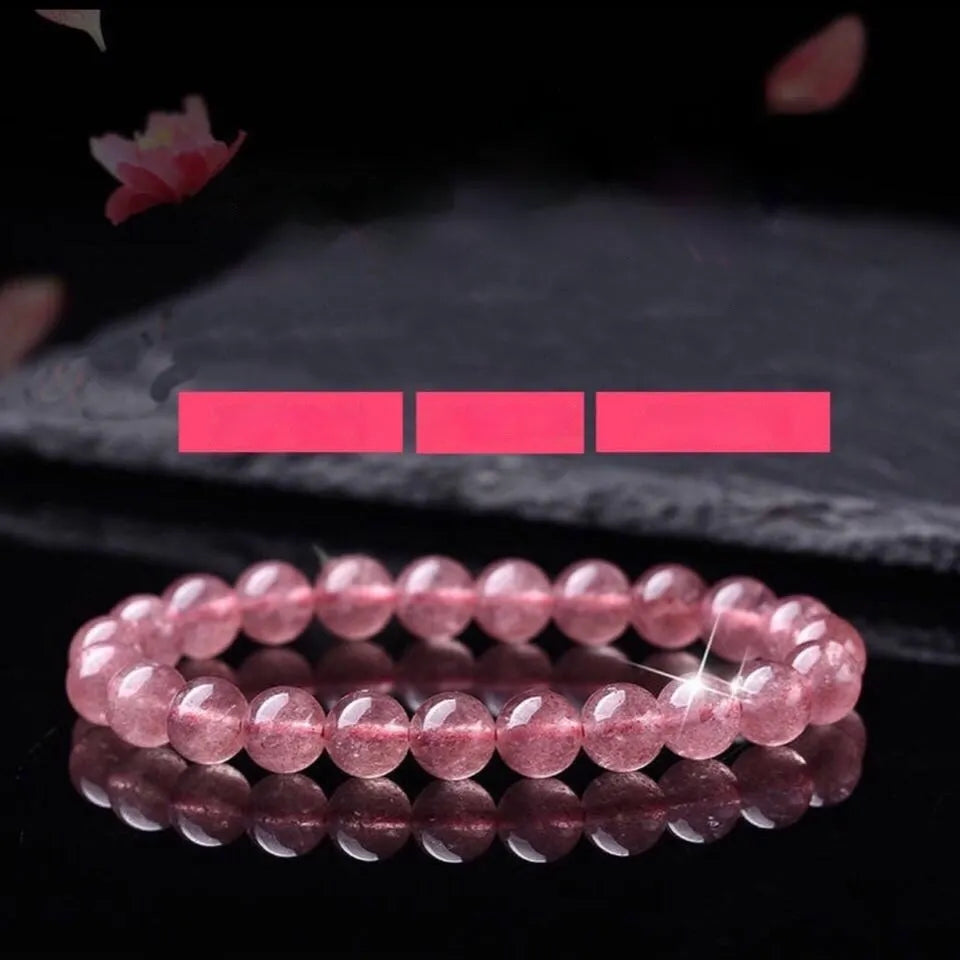 Women's adjustable bracelet with strawberry quartz beads in 6mm, 8mm, and 10mm sizes.