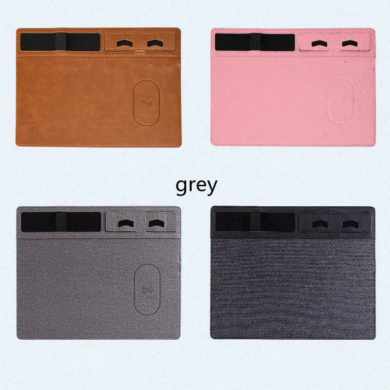Wireless charging mouse pad with phone holder in black PU material showing 10W charging zone and USB cable