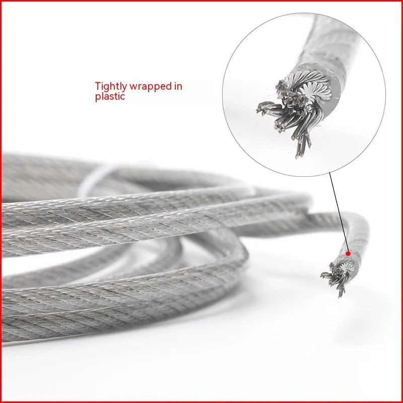 Coil of 304 stainless steel multi-strand security cable on a white background.