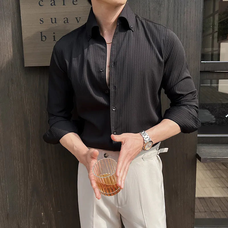 Men's striped V-neck long sleeve casual shirt in black, white, brown or green colour