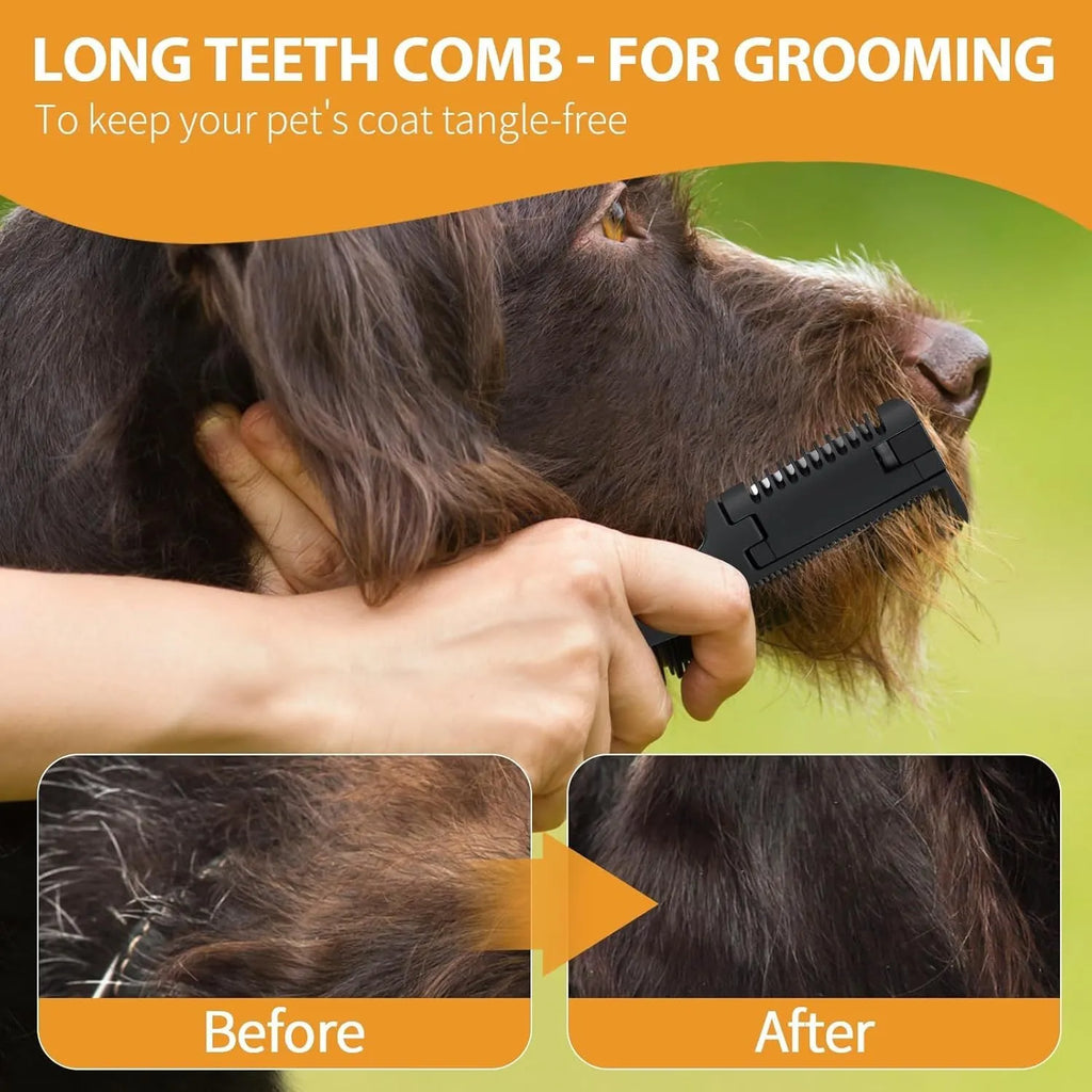 A handheld razor comb for pets showing the comb teeth and integrated trimming blade.