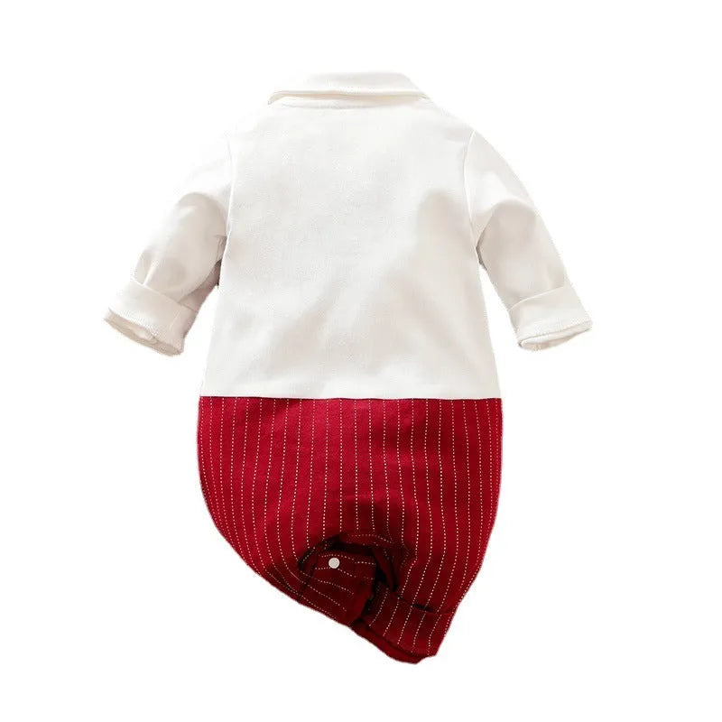 Wine red cotton baby boy romper with long sleeves and single-breasted closure for autumn wear