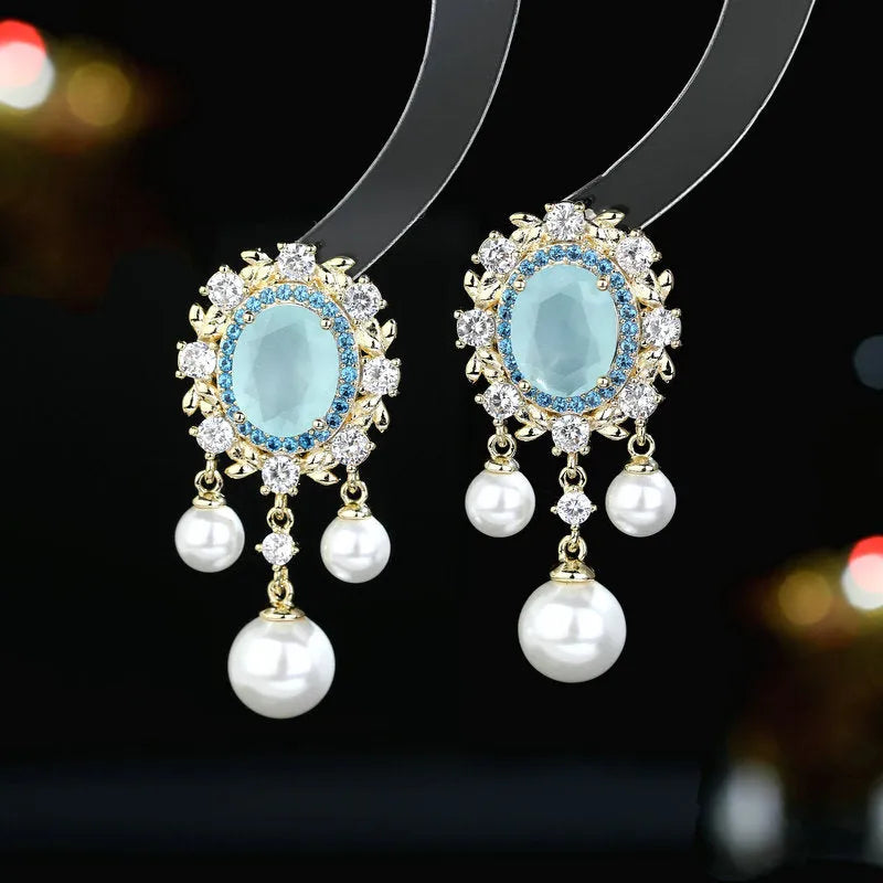 Oval geometric zircon inlaid pearl tassel earrings in light purple, pink, white, or light blue