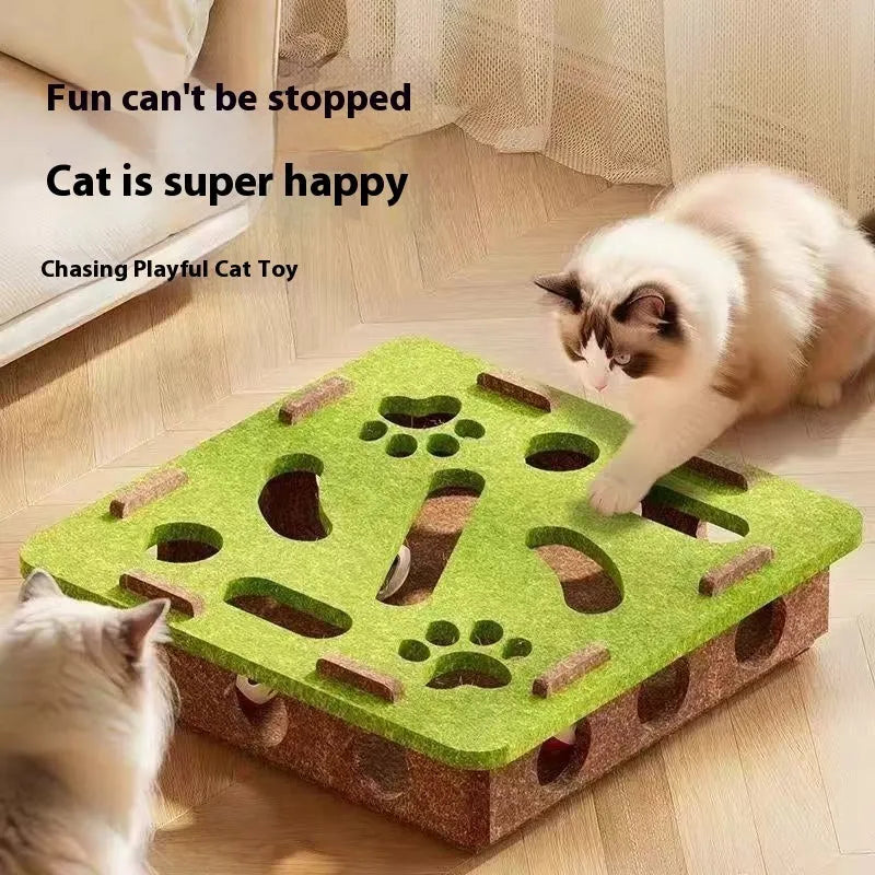 Square felt cat toy with central hole in green brown, camel white, or grey colour