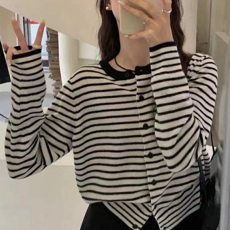 Women's dark grey and white striped viscose cardigan coat with 40cm short length and slim fit