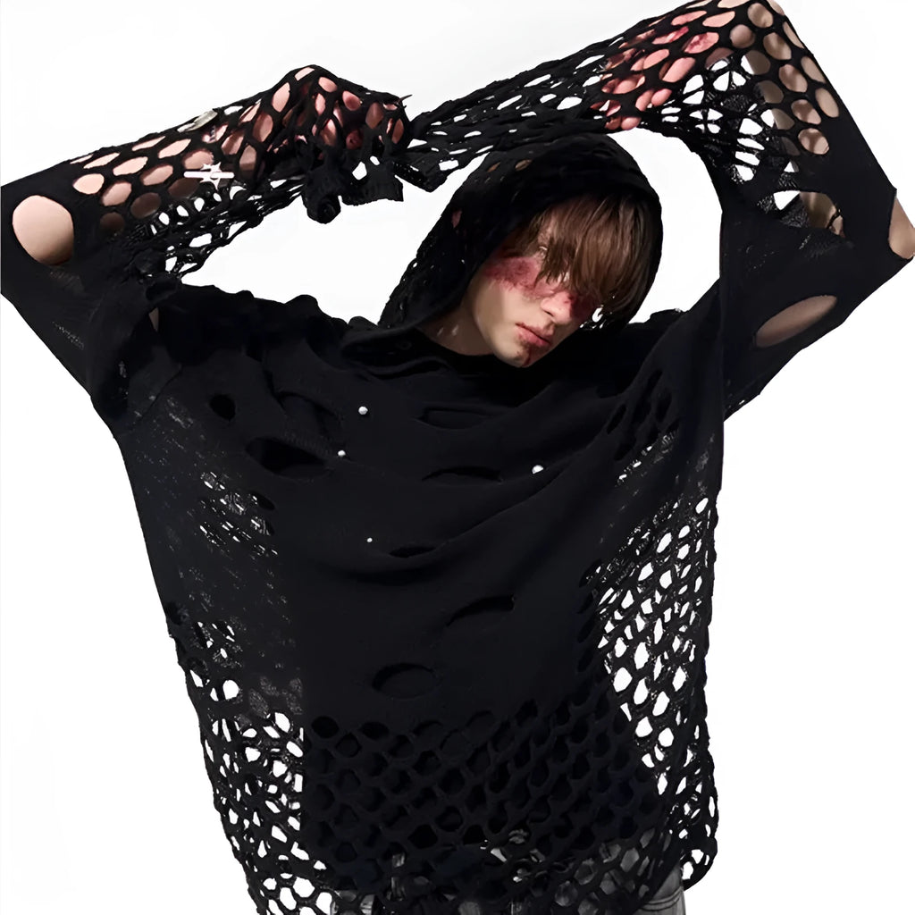 Black men's hoodie with pearl decorative elements and loose thin fabric construction