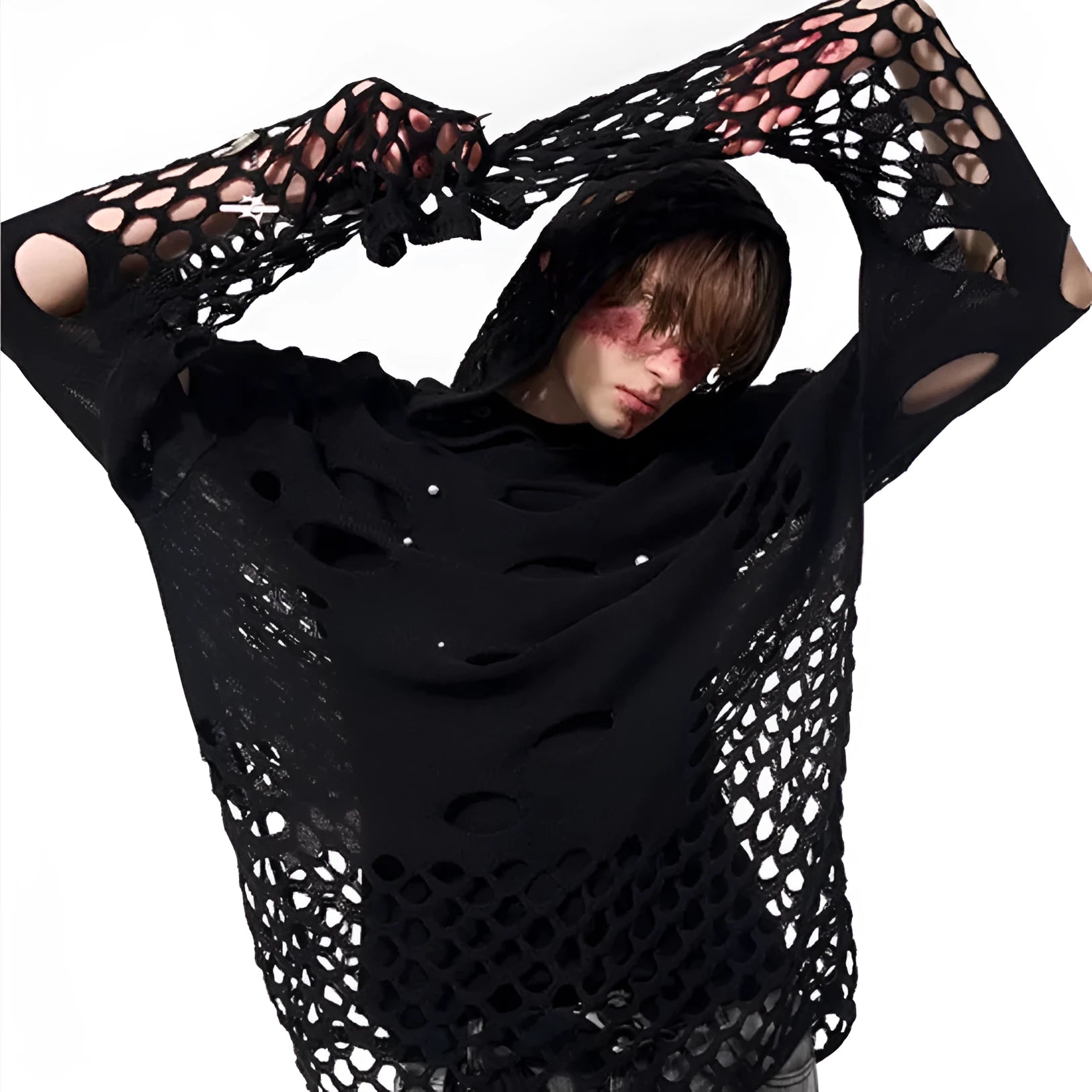 Black men's hoodie with pearl decorative elements and loose thin fabric construction