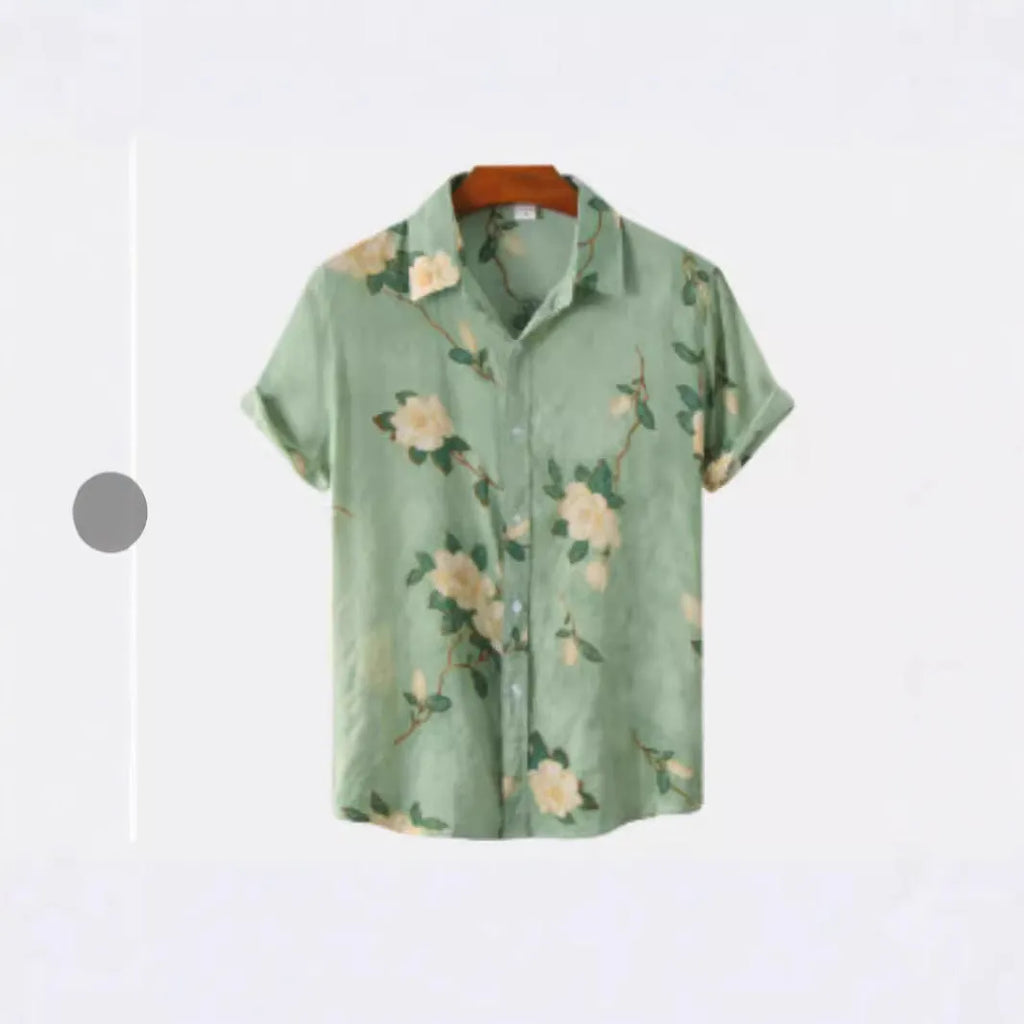 Man wearing a vibrant Hawaiian floral print short sleeve cardigan-style shirt