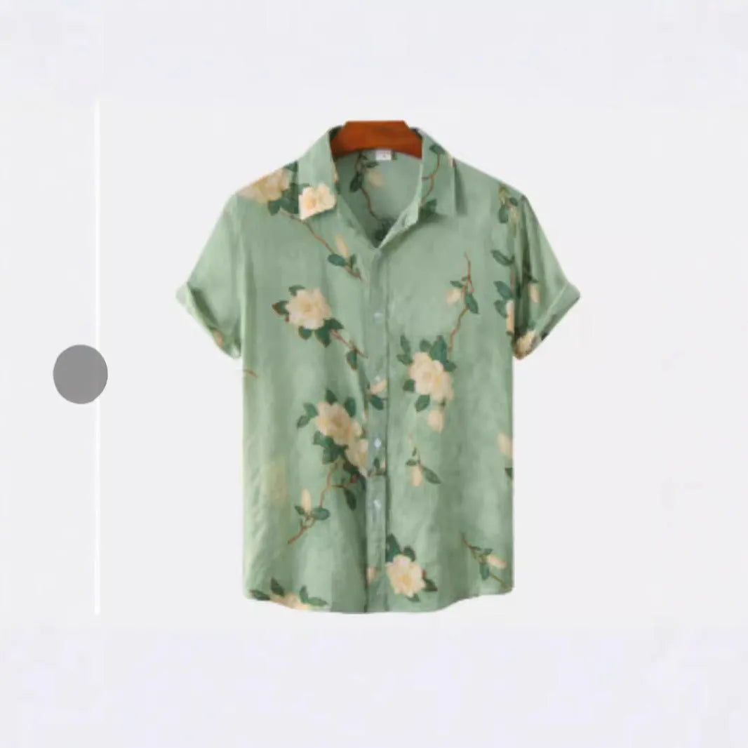 Man wearing a vibrant Hawaiian floral print short sleeve cardigan-style shirt
